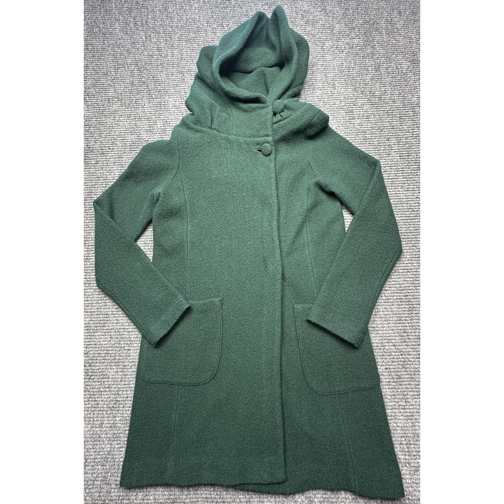 Moth Coat Womens XS Green Wool Hooded Knit Overcoat Pockets Unlined Mid Length